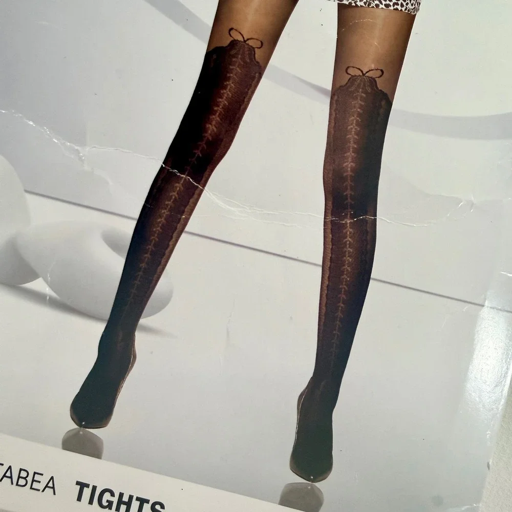 Manzi Tabea Tights 6121 Black Mock Stocking Illusion Lace Up Bow 30 Denier L/XL